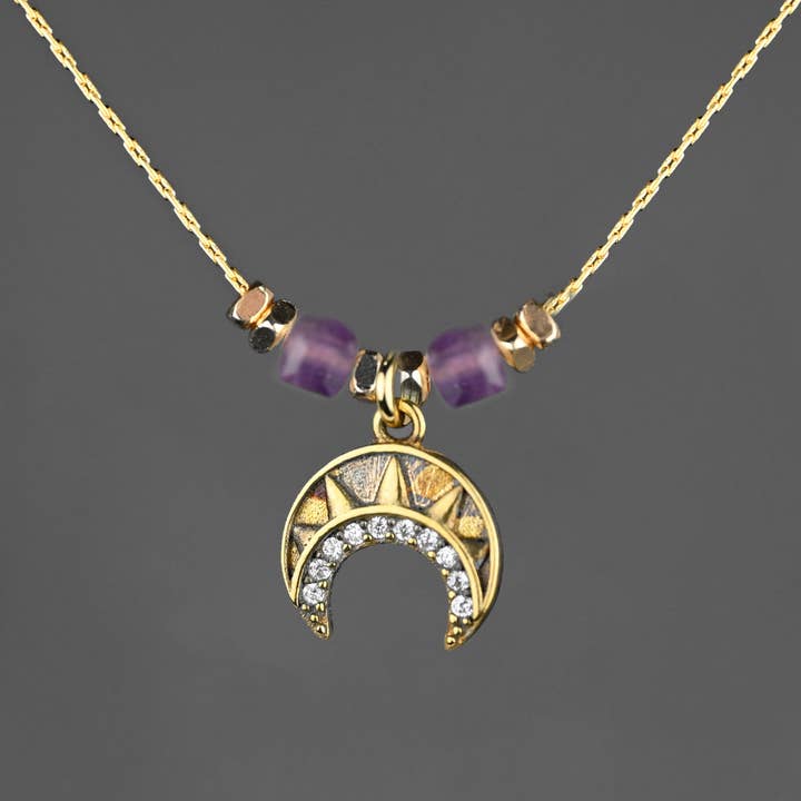 KBD Studio - Wholesale Pendant/Charm Necklace - Small Vintage Deco Pave Crescent w/ Semi Precious Stones