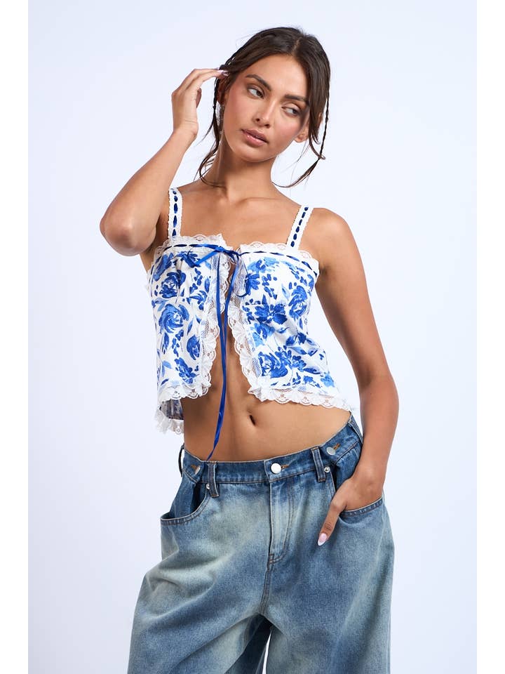 NAVY FLORAL FRONT HOOK&EYES CAMI CROP TOP for wholesale on Faire