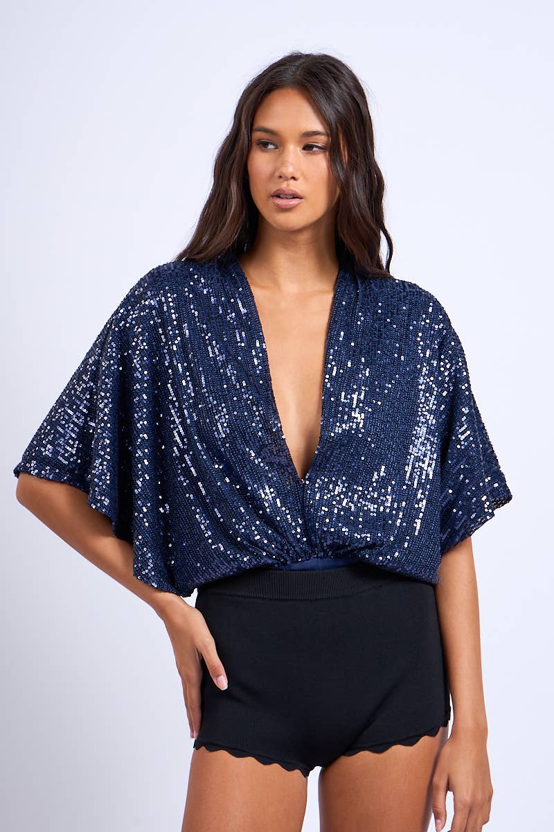 Sky to Moon - Wholesale Bodysuit - Women's - SEQUIN GLITTER PLUNGING NECK HALF SLEEVE BODYSUIT1