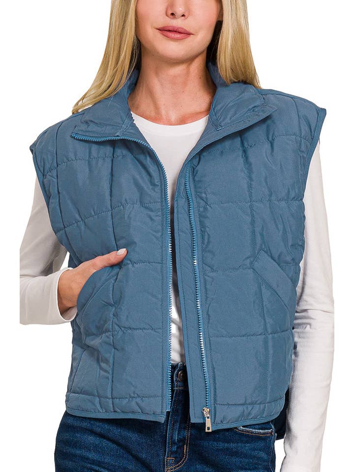 DUSTY BLUE High Neck Puffer Vest for wholesale on Faire