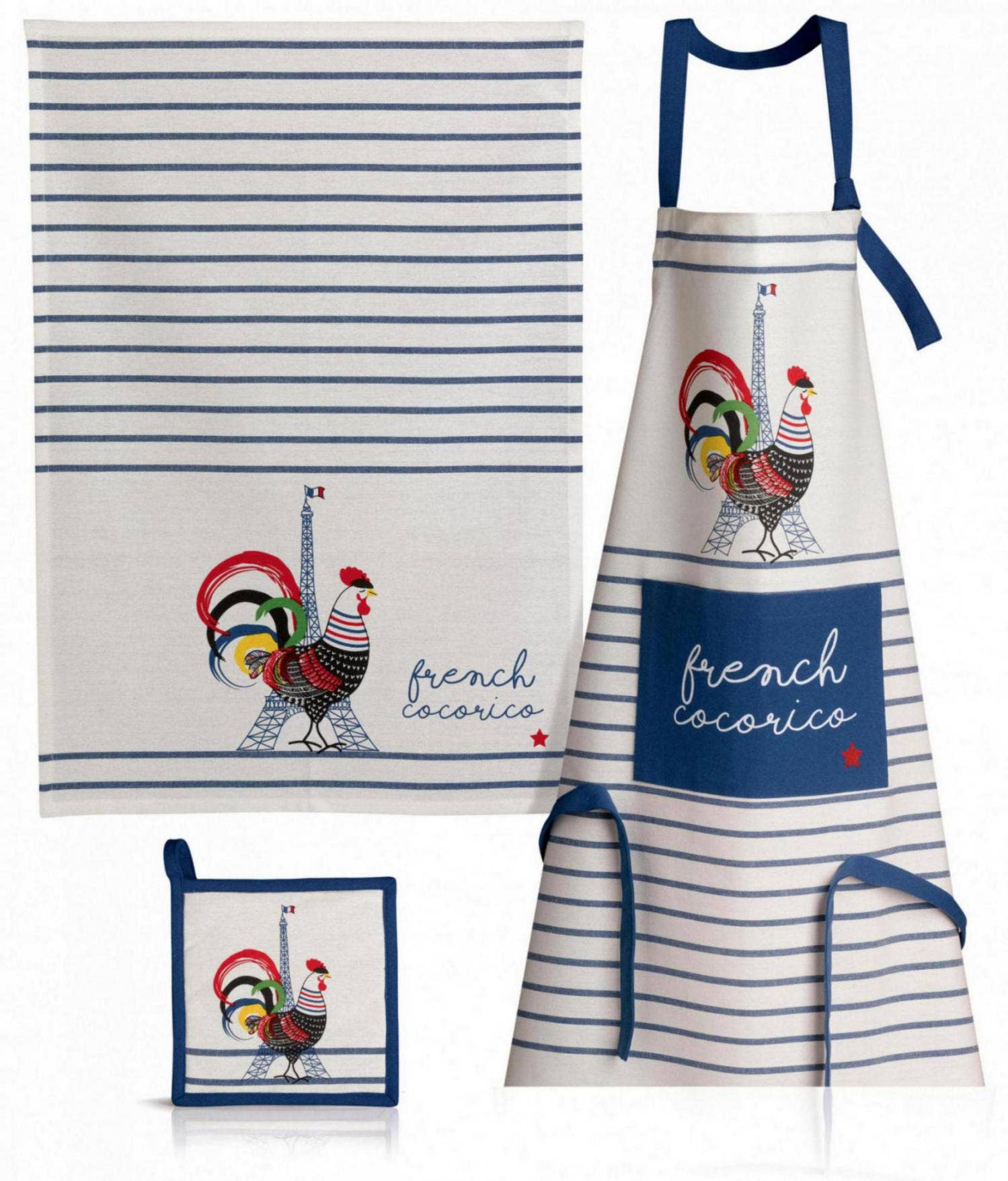 Maison Vivaraise & La Cerise sur le Gâteau - Venta al por mayor Manoplas para horno/ollas - Agarradera reciclada francesa Cocorico, color crudo/azul, 20 x 201