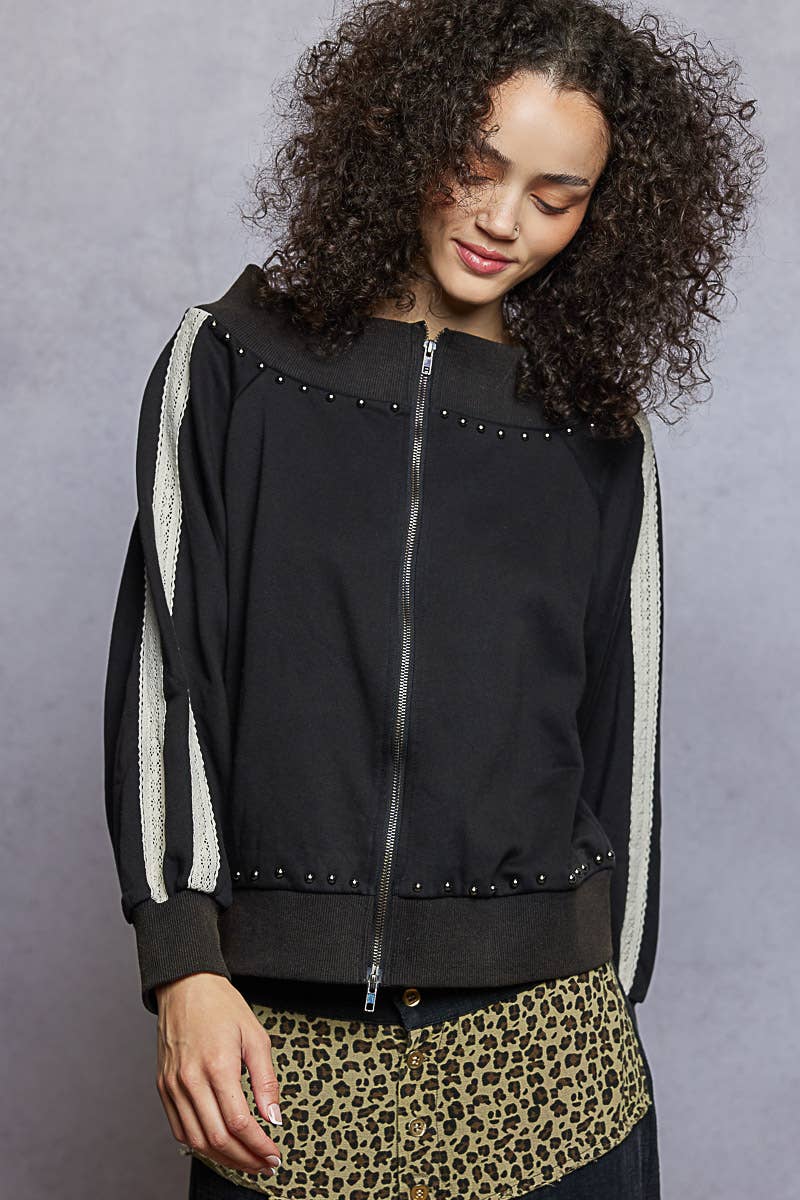 Pol Clothing - Wholesale Knit Top - Women's - Solid off shoulder lace trim detail French terry knit top0