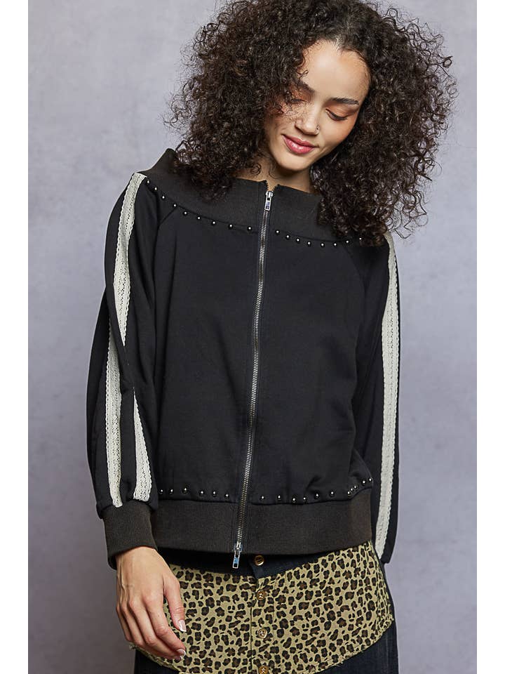 Pol Clothing - Wholesale Knit Top - Women's - Solid off shoulder lace trim detail French terry knit top