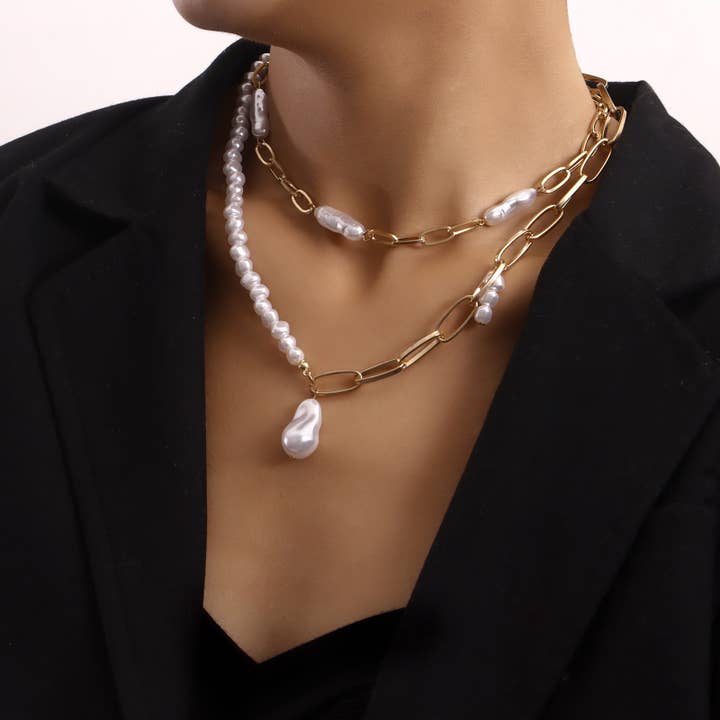 Gemscape UK - Vente Collier maille et chaîne - Collier à maillons en perles et or superposé pour femmes tendance2