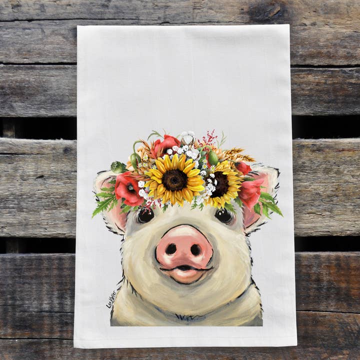 Colorful Sunflower Baby Pig Tea Towel, Farmhouse Towel Decor for wholesale by Hippie Hound Studios