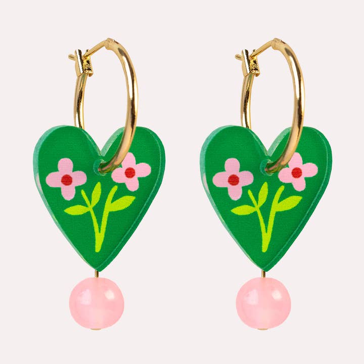 Green Floral Heart Charm Hoop Earrings | Mother's Day Gift for wholesale by Natalie Lea Owen – Handmade Jewellery & Greeting Cards