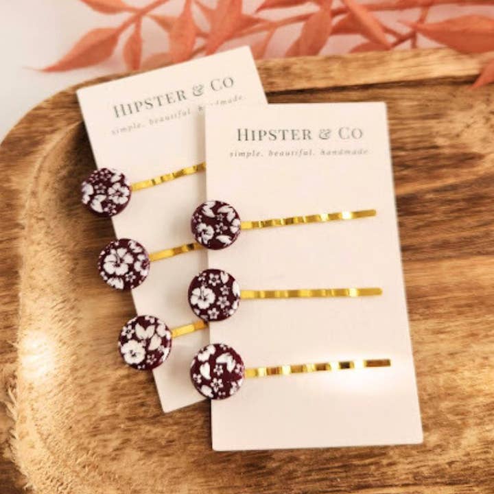 Burgundy and White Floral Hair Pin Set - Decorative Hair Accessory for wholesale by Hipster & Co