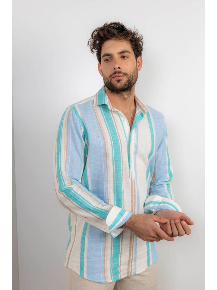 Custi Mikelo: Men's Clothing & Christmas Gifts - Wholesale Button Down Shirt - Men's - Multicolor Striped Linen T-shirt | Torn