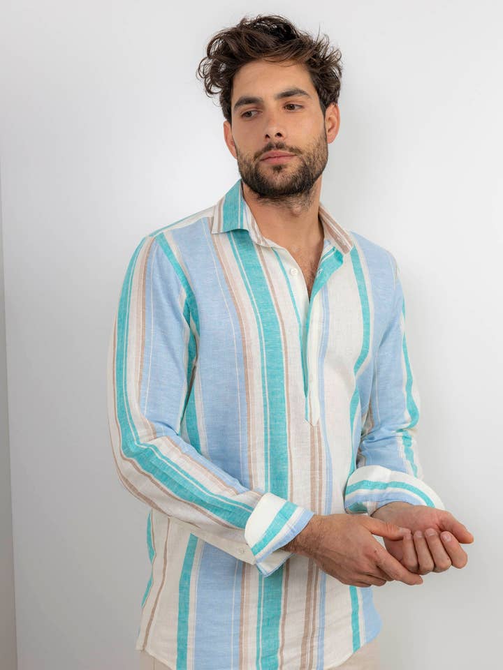 Custi Mikelo – Camisa de botões - Homem por atacado – Camisola Linho Riscas | Rota