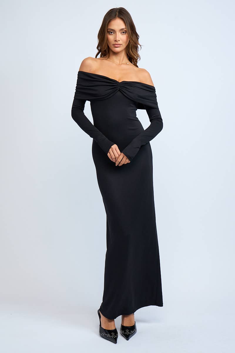 Sky to Moon - Wholesale Dress - Women's - OFF-SHOULDER LONG SLEEVE RUCHED FIT-IN MAXI DRESS2