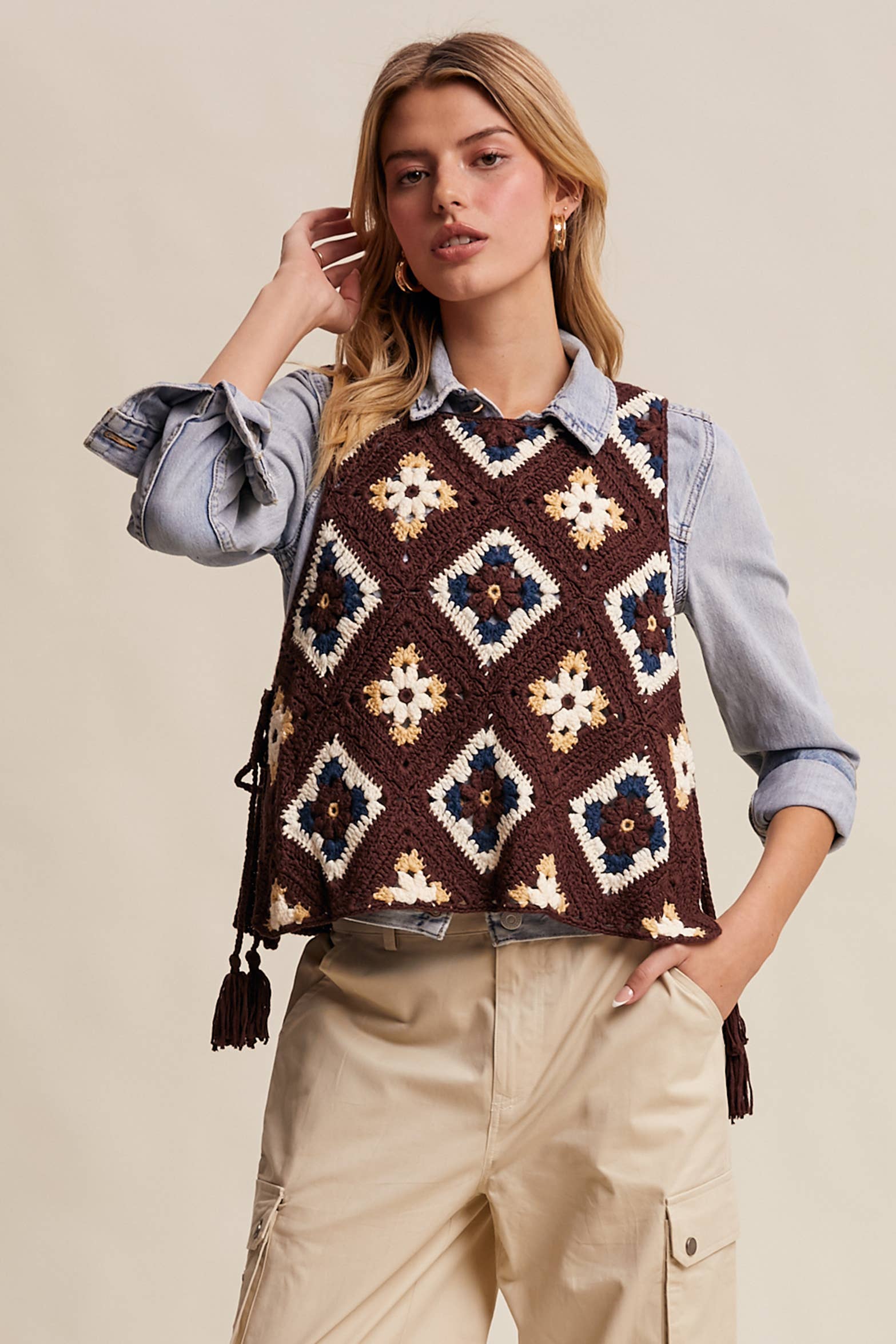 Listicle - Wholesale Sweater Vest - Women's - Crochet Granny Square Tassel Tie Vest LSW10062