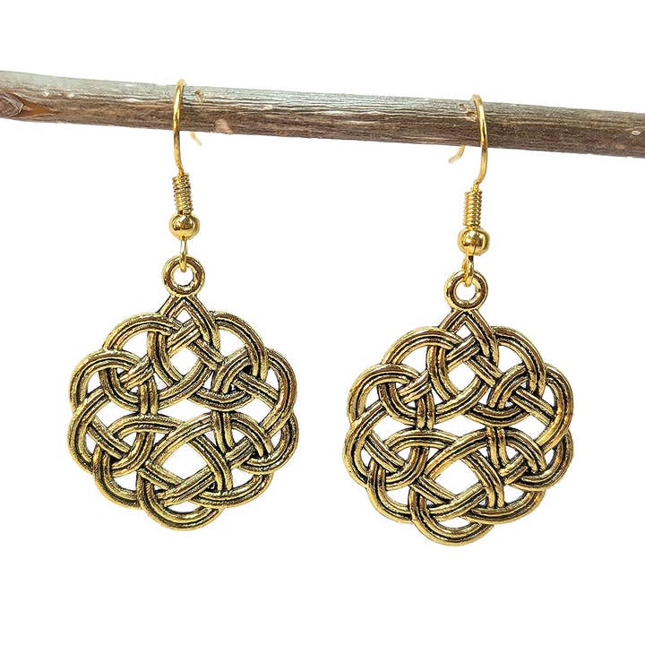 Celtic Chinese Knot Charm Round Antique Gold Earrings for wholesale by Stylish Jewelry Supply