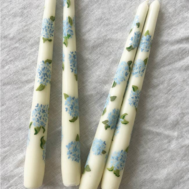 Sweet Pea And Whimsy – wholesale Tapered candle/candlestick – Hand Painted Pair of candles - Hydrangea