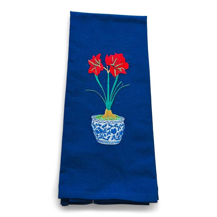 Towel - Chinoiserie Amaryllis on navy for wholesale by Vibrantly Blue