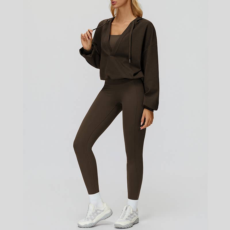 WONDERXFANS - Vendita all'ingrosso Completo sportivo - Donna - Giacca con cappuccio a V+Top sportivo+Leggings a vita alta4