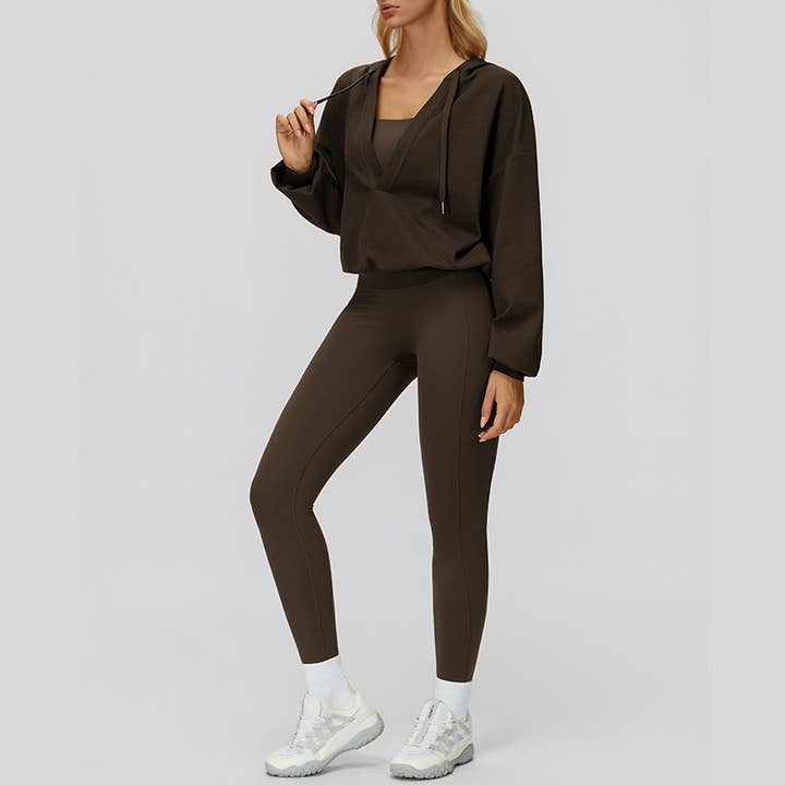 WONDERXFANS - Vendita all'ingrosso Completo sportivo - Donna - Giacca con cappuccio a V+Top sportivo+Leggings a vita alta4