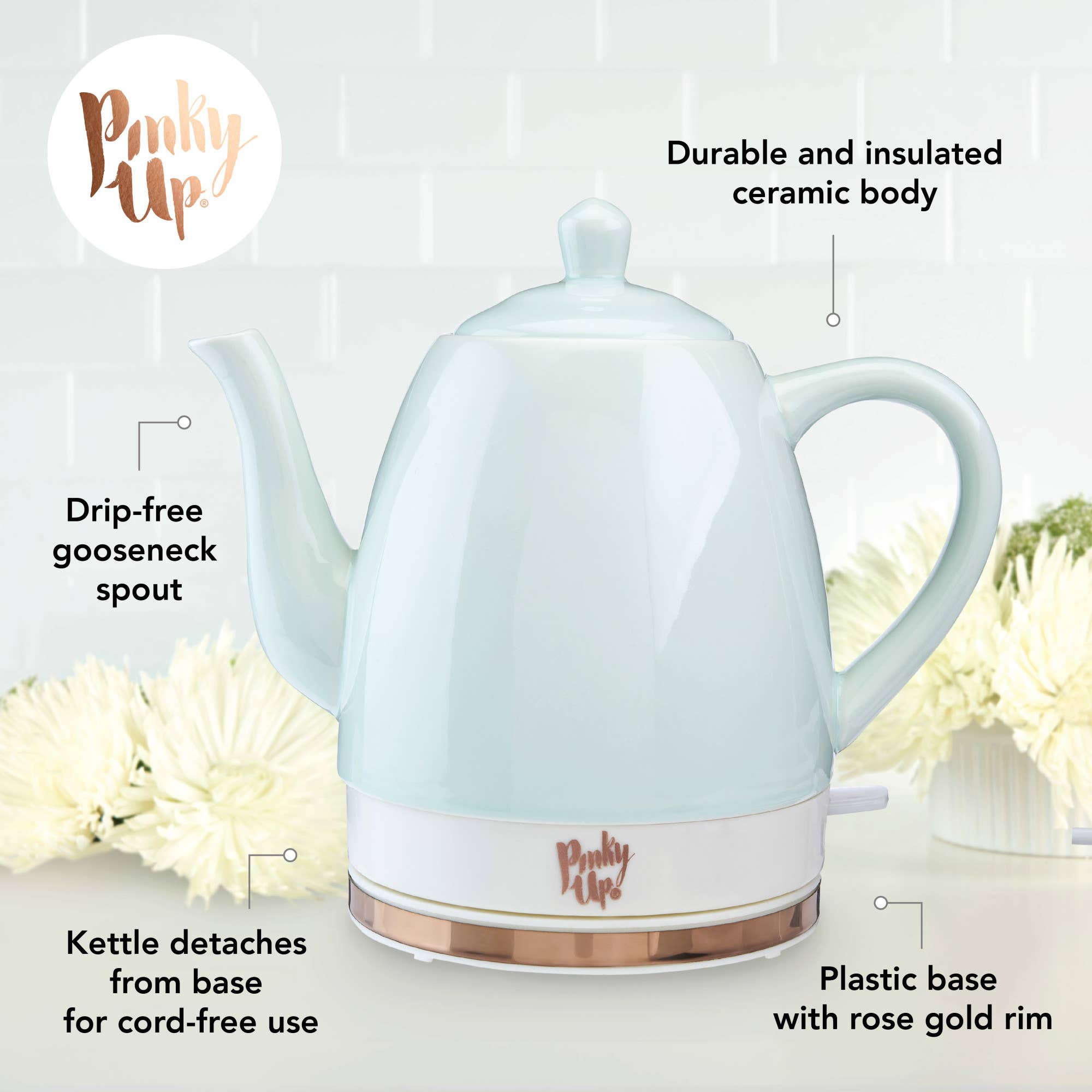 Pinky Up - Wholesale Tea Pot - Noelle™ Ceramic Electric Gooseneck Tea Kettle 50oz in Mint5
