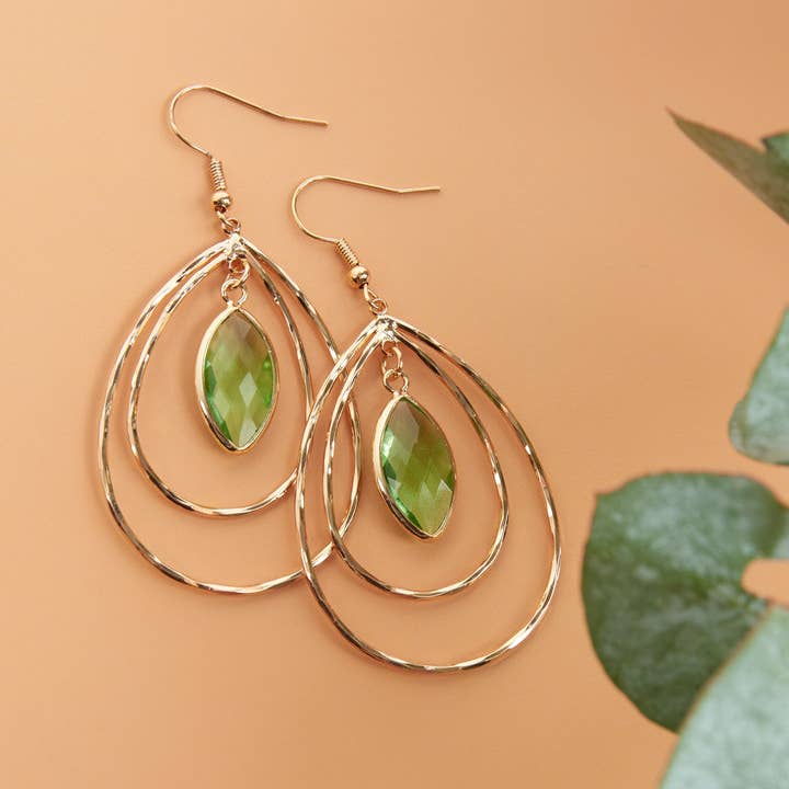 Howard's - Wholesale Dangle Earrings - Acadia Faceted Green Glass Gold Double Teardrop Earrings