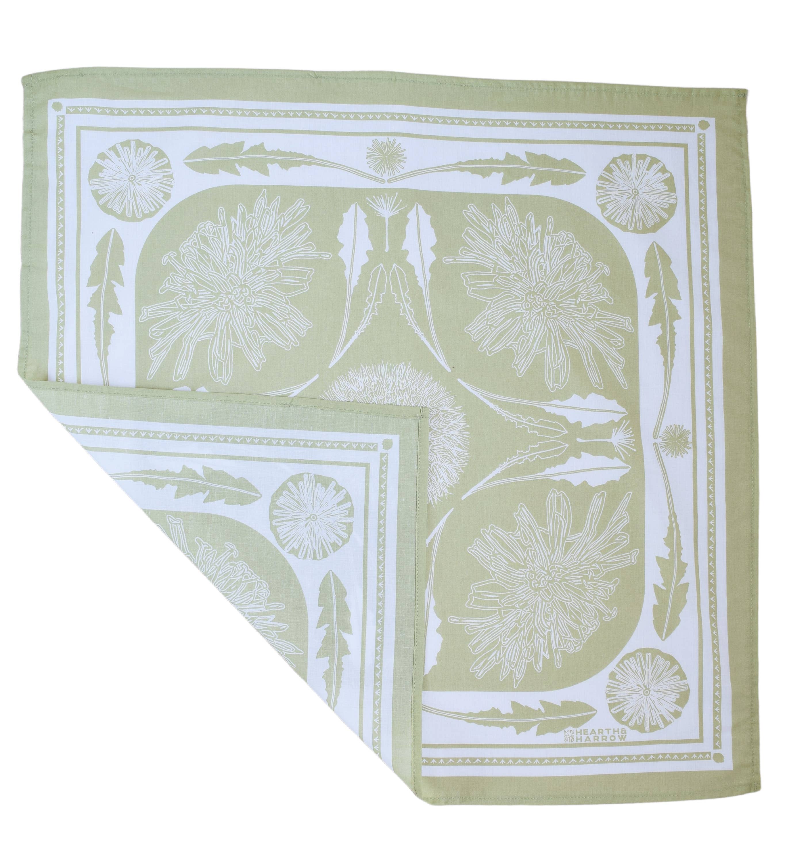 Hearth and Harrow - Vente Bandana – unisexe - Bandana en pissenlit, 100 % coton, imprimé à la main, vert sauge1