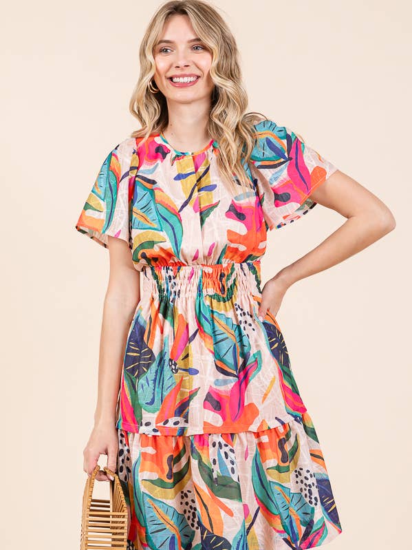 FUCHSIA COMBO SS NEW - Abstract Print Mid Smock Short Sleeve Dress for wholesale on Faire