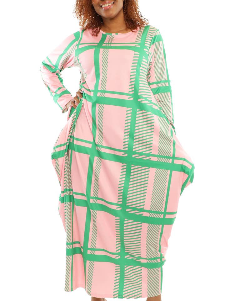 Women's Pink/Green Long Maxi Dress Loose Comfy Fit -One Size for wholesale by KaraChic