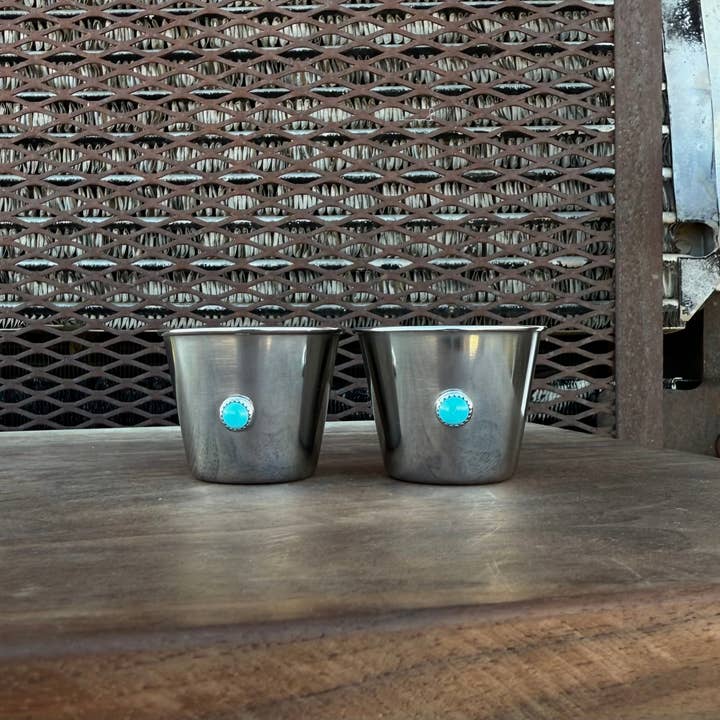 Boles silver, LLC - Wholesale Shot Glass - Genuine Turquoise 1.5 Ounce Stainless Shot Glass - Set of 2 | Boles Silver
