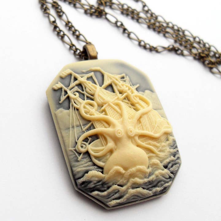 KRAKEN SWALLOWING SHIP CAMEO NECKLACE for wholesale by The Black Wardrobe