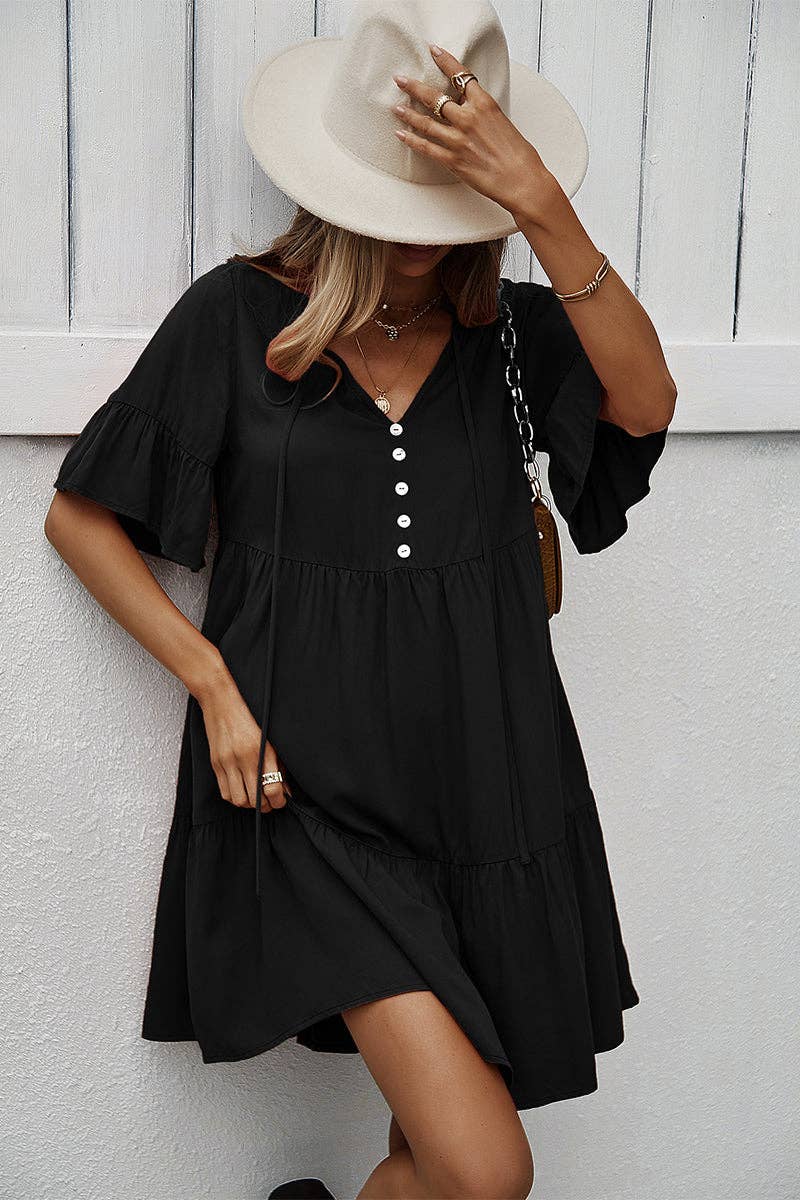 Supreme Fashion – wholesale Dress – Women's – V Neck Flounce Sleeve Ruffle Hem Tie Neck Smock Dress6