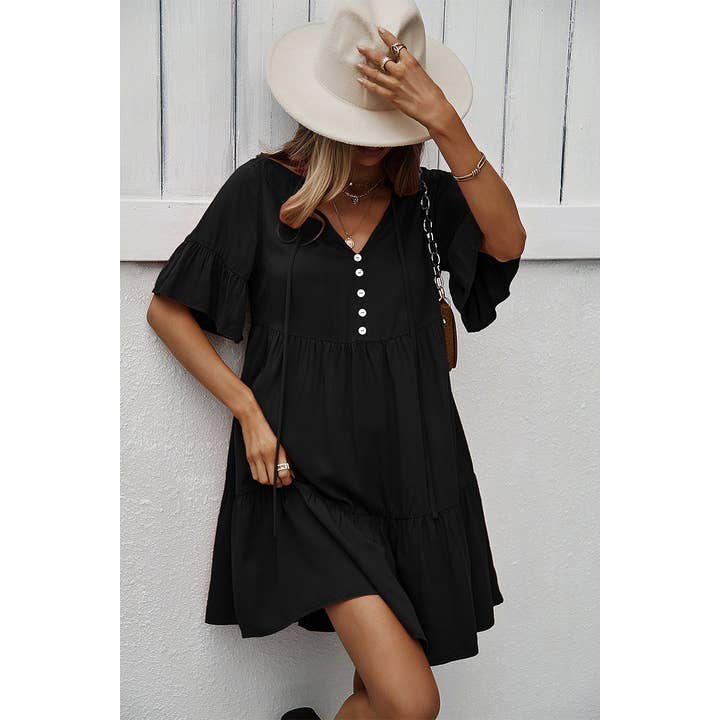 V Neck Flounce Sleeve Ruffle Hem Tie Neck Smock Dress for wholesale by Supreme Fashion