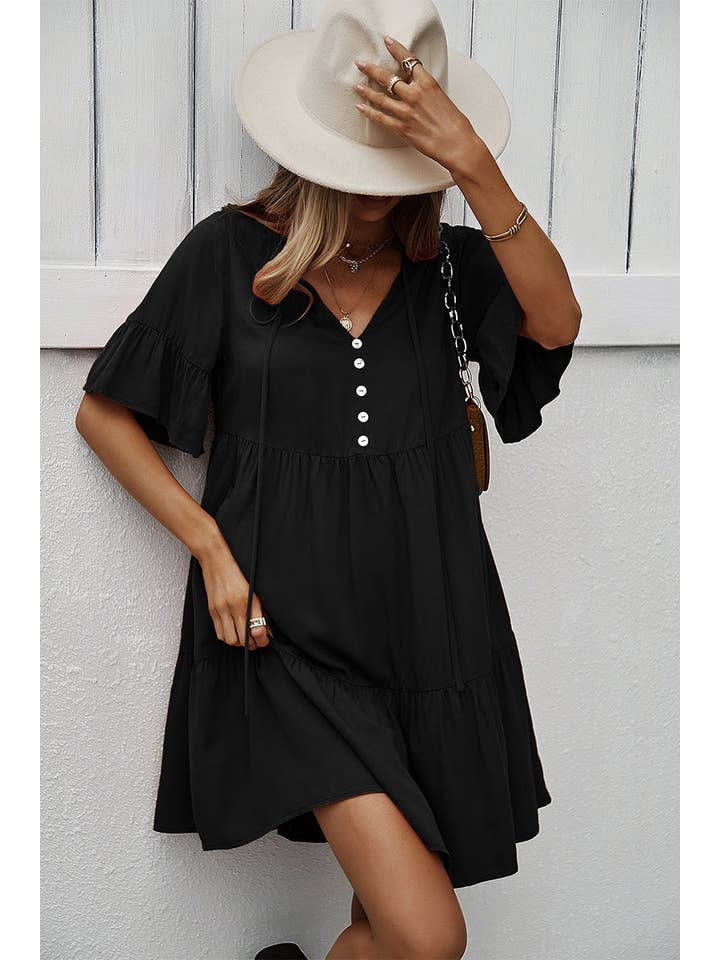 Supreme Fashion – wholesale Dress – Women's – V Neck Flounce Sleeve Ruffle Hem Tie Neck Smock Dress6