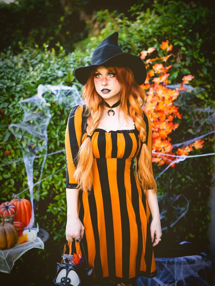 Wednesday Dress in Pumpkin Spice Stripe for wholesale by Wax Poetic Clothing