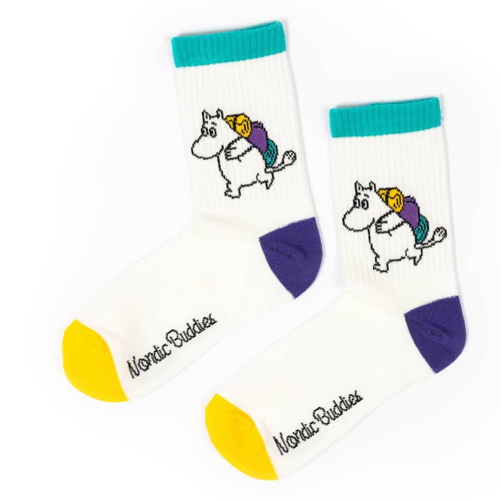 Chaussettes de camping rétro Moomintroll pour femme, blanches pour la vente par Nordicbuddies