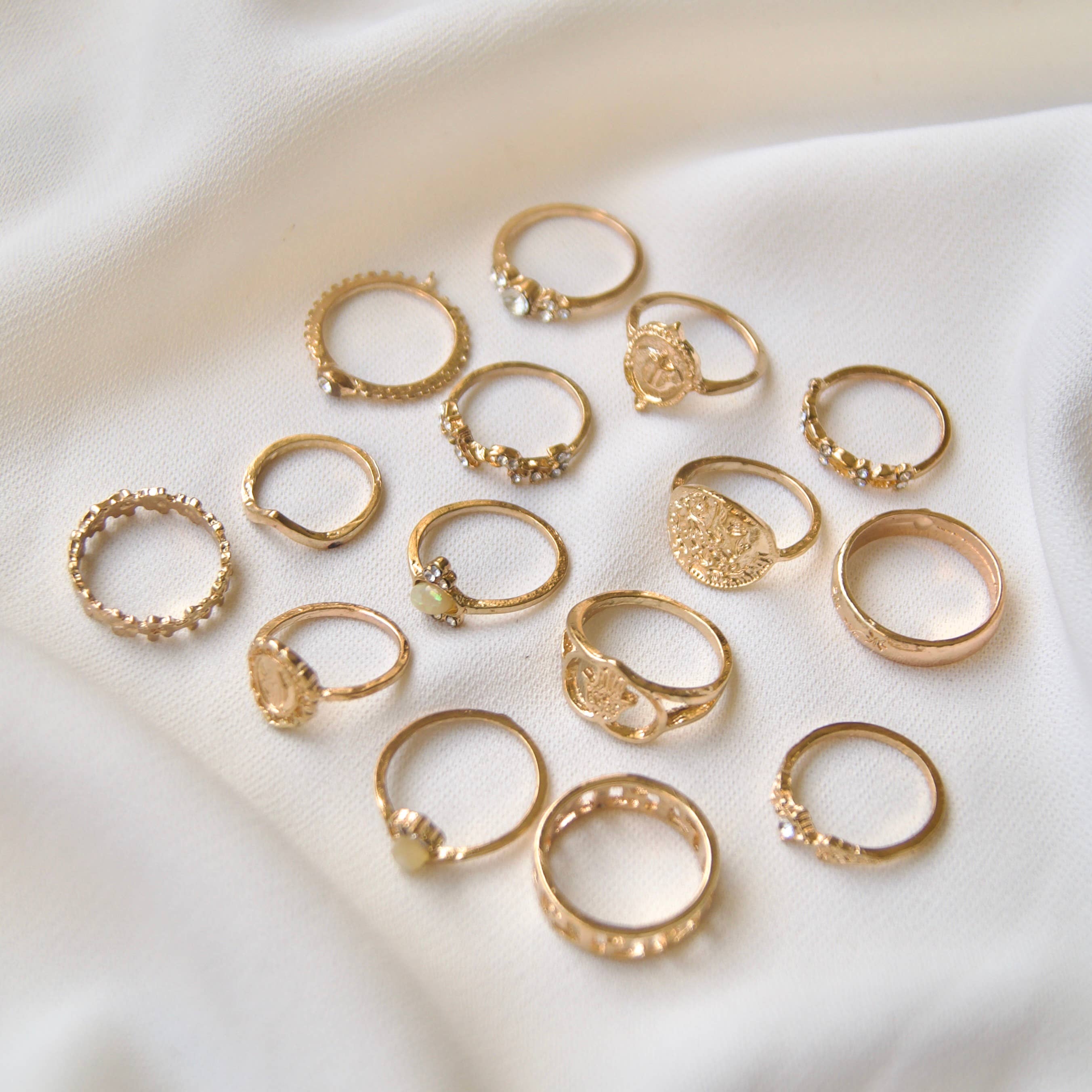 EAST INDIA IMPORTS - Wholesale Band/Stacked Ring - 15-Piece Matte Gold Fashion Ring Set with Opal Accents2