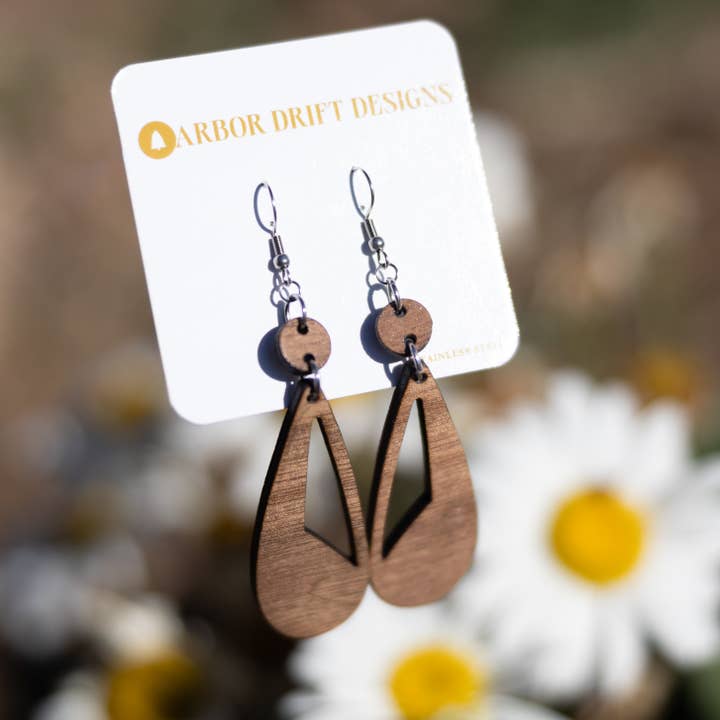 Teardrop Earrings with Intricate Carvings Wooden Earrings for wholesale by Arbor Drift Designs