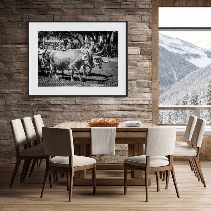 Lisa Russo Fine Art - Wholesale Art Print - Fort Worth Herd | Longhorn Cattle Drive in Black and White1