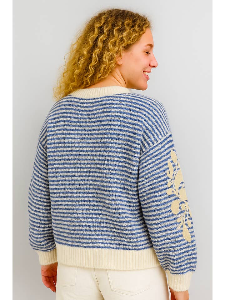Blue ✨Striped Embroidered Wool Sweater – Softness & Elegance in Knit AP160 for wholesale on Faire2
