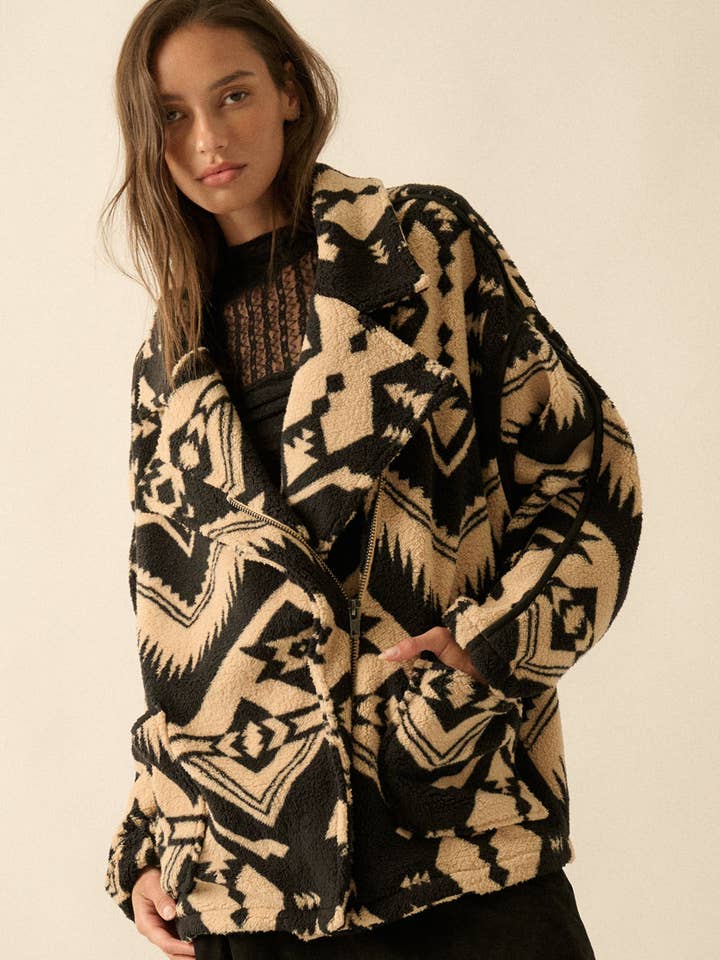 Chaqueta de forro polar Sherpa con estampado geométrico y bolsillo en la solapa para venta al por mayor de Promesa USA
