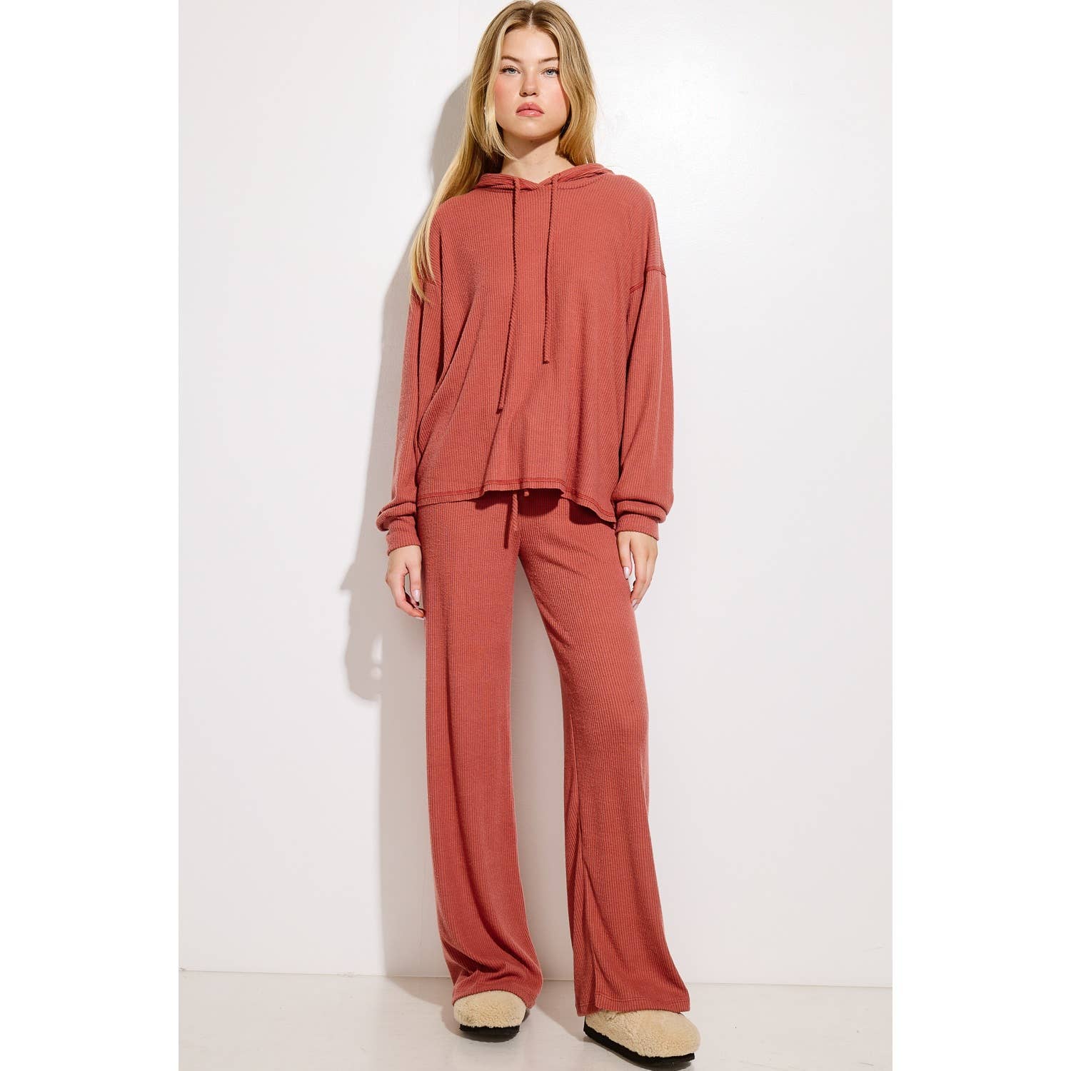 Phil Love - Wholesale Top & Pant Set (NOT Loungewear) - Women's - Solid Ribbed Hoodie Loungewear Set1