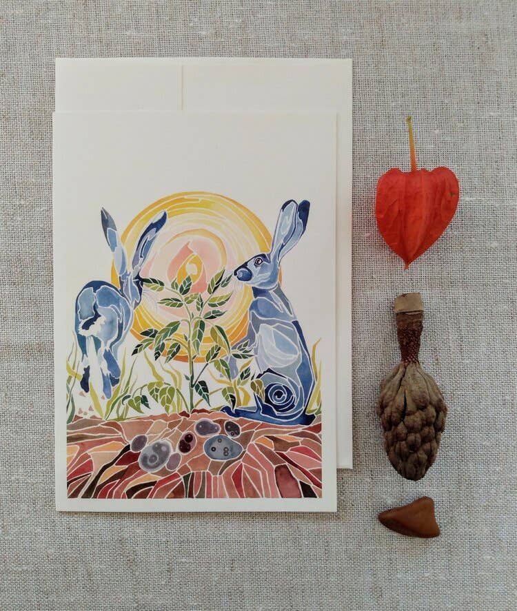 Mattie Rose Art - Venta al por mayor Tarjetas de felicitación - Tarjeta de conejitos azules y patatas moradas1