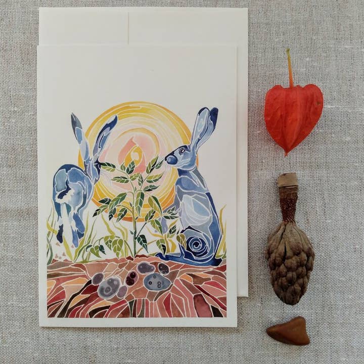 Mattie Rose Art - Venta al por mayor Tarjetas de felicitación - Tarjeta de conejitos azules y patatas moradas1
