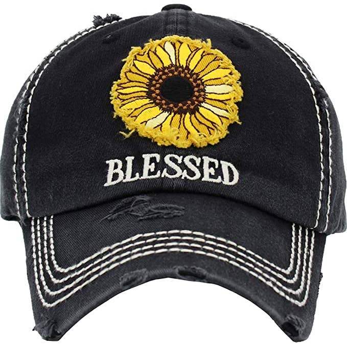 Funky Junque - Wholesale Baseball Cap - Women's - Vintage Patch Hat - Blessed w/Sunflower (Black)2