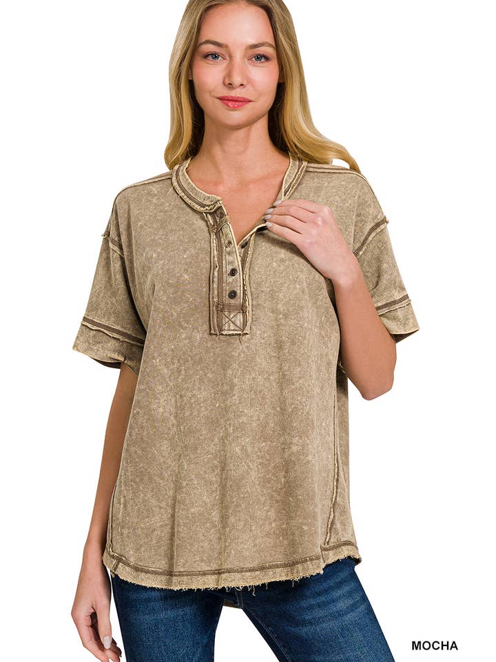 42POPS - Wholesale Knit Top - Women's - ',, Washed Raw Edge Detailed Button Closure Top