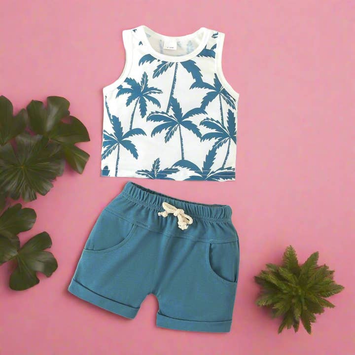 Set estivo neonato in cotone con canotta e pantaloncini stampati per la vendita all'ingrosso da parte di KiddieKickz
