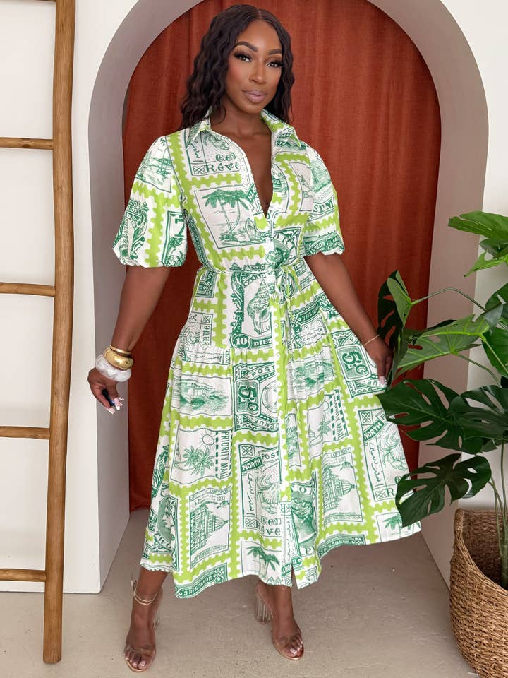 Vintage Stamp Print Dress with Cinched Waist for wholesale by Endless Moon