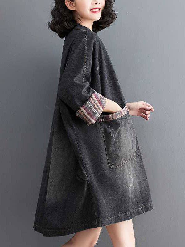 Sheer Trend – Großhandel Mantel - Damen – Langärmlige Mäntel mit lockeren Knöpfen und karierten Taschen und geteiltem V-Ausschnitt4