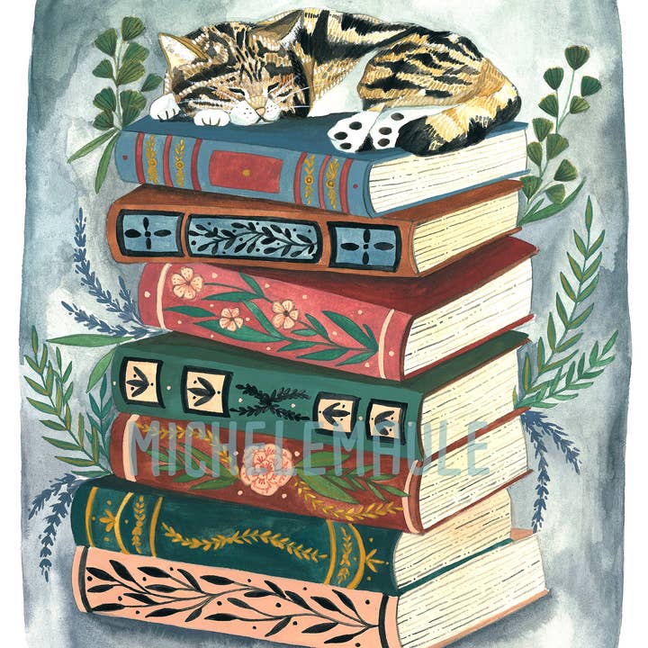 Impresión de 8 x 10 pulgadas: Cozy Library Cat para venta al por mayor de michele maule