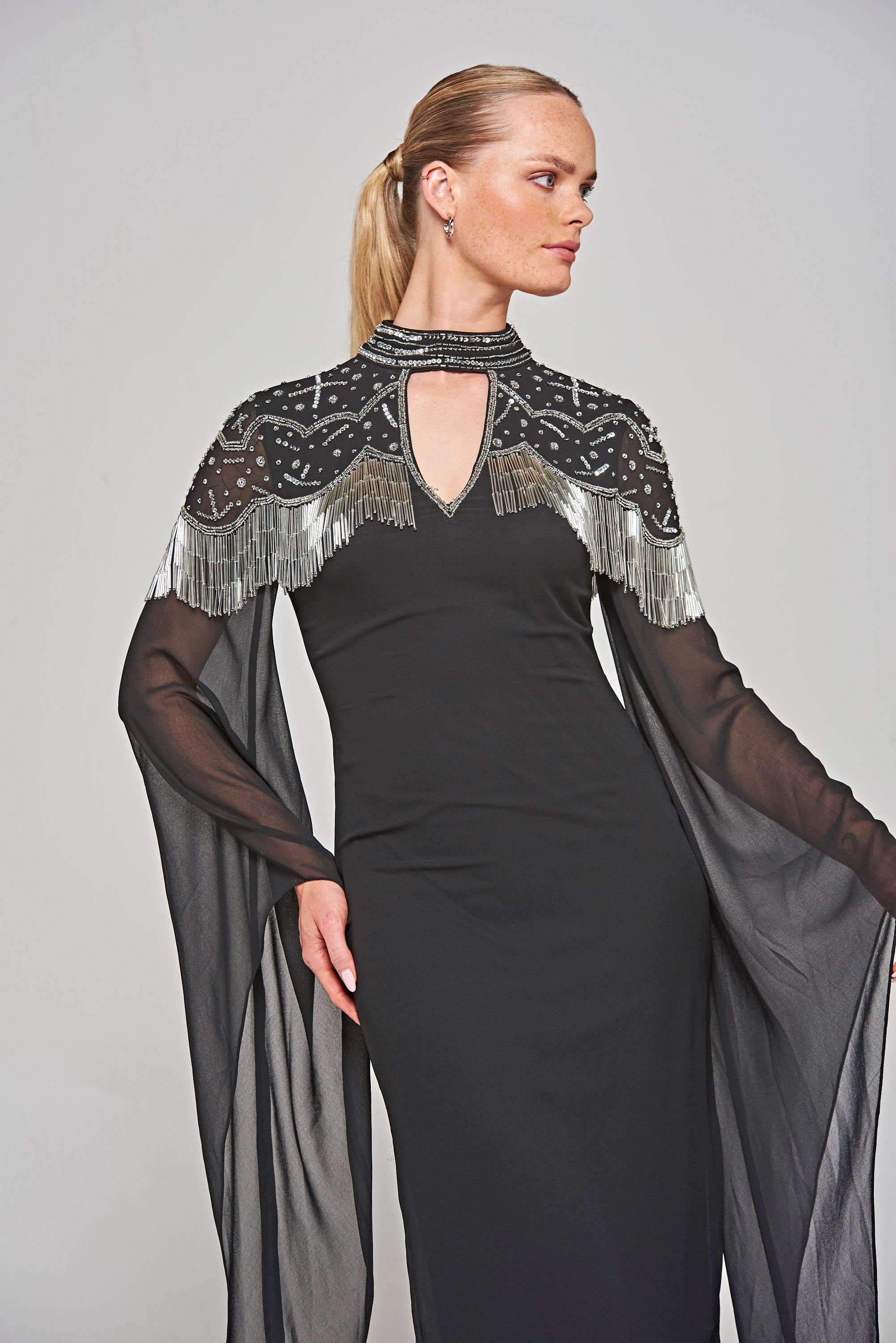 Delores Black Embellished Midi Dress with Flute Sleeves for wholesale on Faire