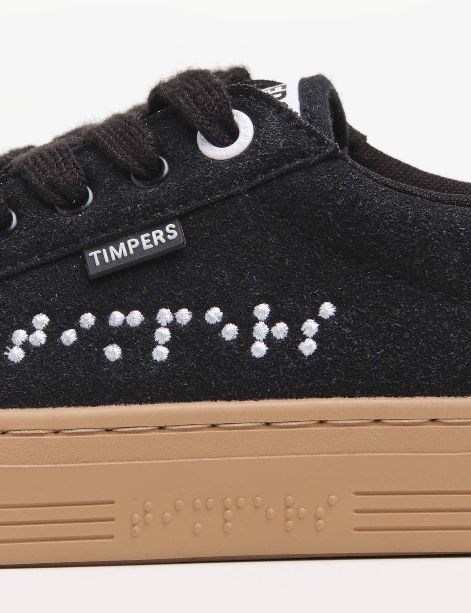 Timpers - Wholesale Lifestyle Sneakers - Unisex - Black Sneakers with Brown Sole | Vegan & Braille Detail5