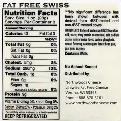 Northwoods Food and Gift Enterprises - Wholesale Cheese - W1202 8oz LifeWise Fat Free Swiss Cheese 12/cs