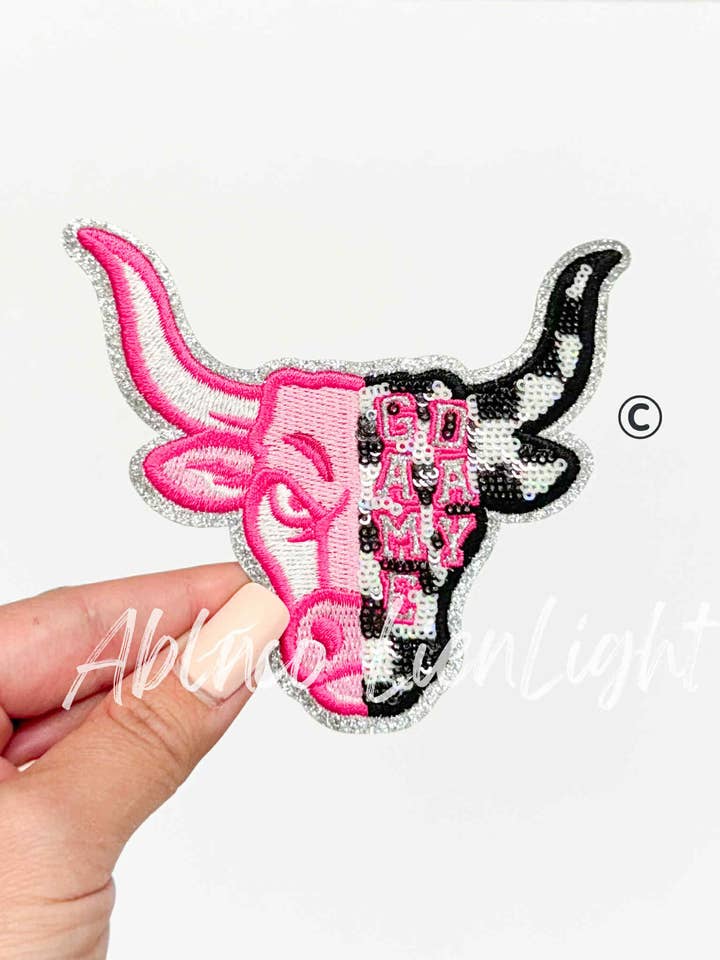 Preppy Pink Checkered Longhorn Game Day Mascot ©️ Patch for wholesale by ABLNco